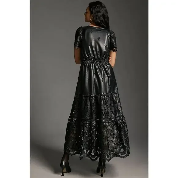 NWT Anthropologie The Somerset Maxi Dress: Faux Leather Embroidered BLACK XS